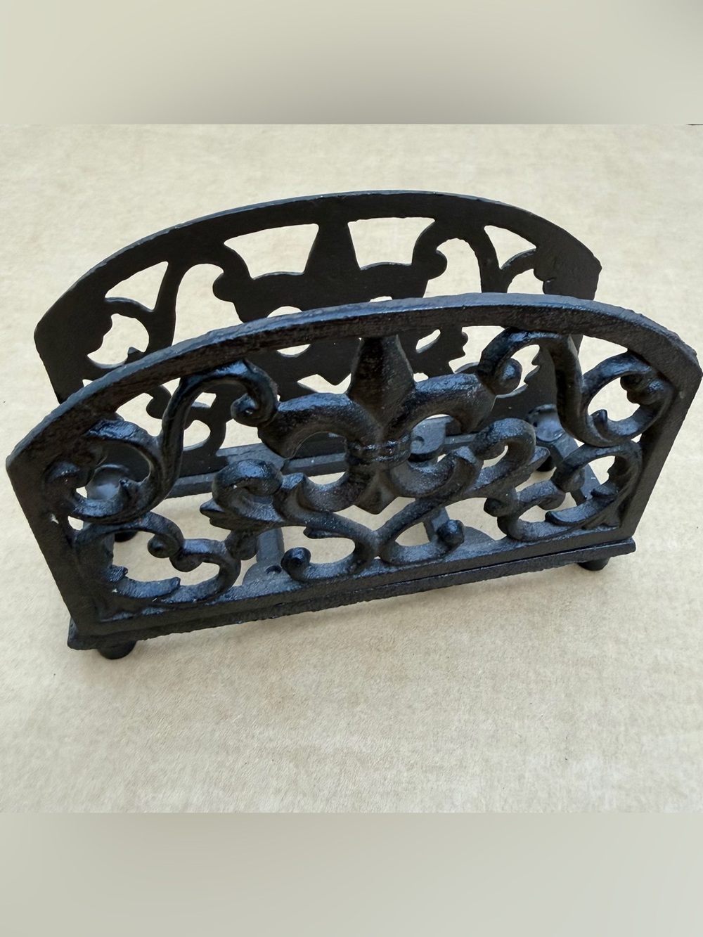 Vintage Cast Iron Fleur de Lis Letter Napkin Holder Gothic Scrollwork